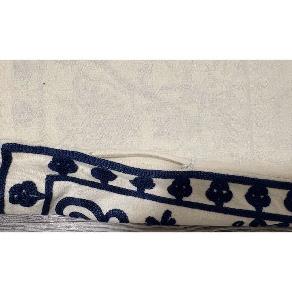 Traditional Lumbar Pillow Cover 19x12 Blue Cream Embroidered Boho Cottage Decor - Picture 6 of 6